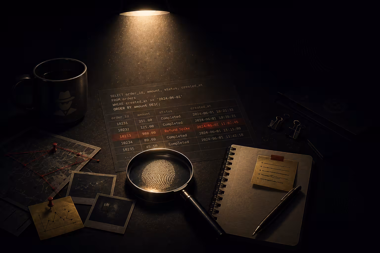 A detective's desk: a magnifying glass over a fingerprint beside a printed SQL query and result set